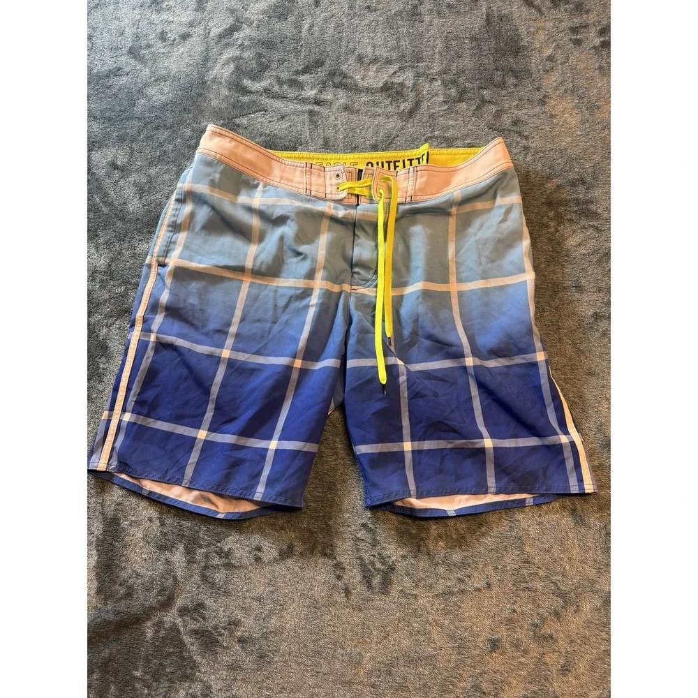 American Eagle Board Shorts XL Men Blue Ombre Grid Mesh Liner Stretch